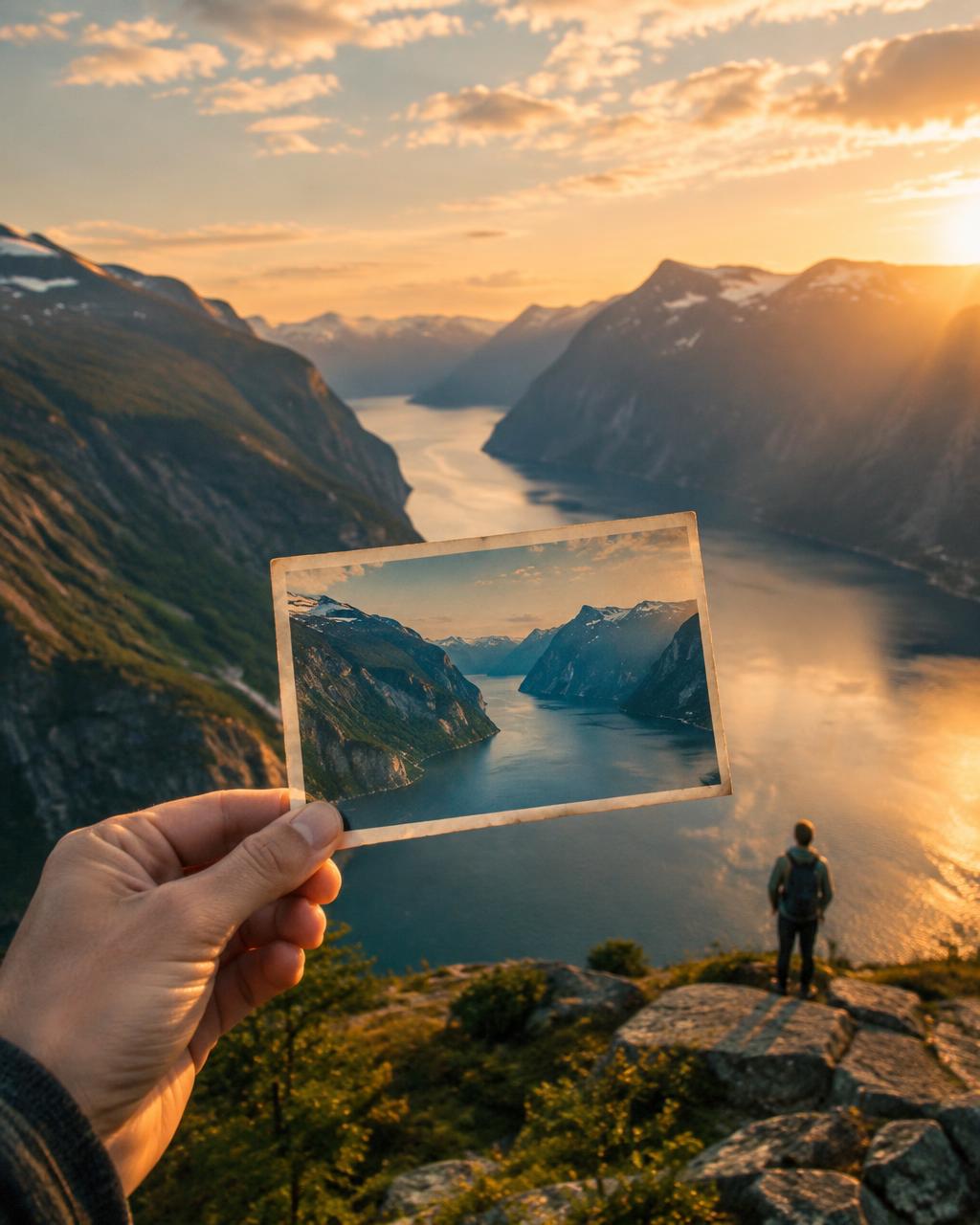 A hand holding a postcard of a fjord that perfectly matches the landscape ahead at golden hour