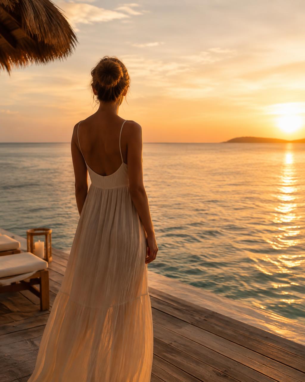 A woman in a flowing dress standing on a wooden deck at sunset, taking in the calm sea