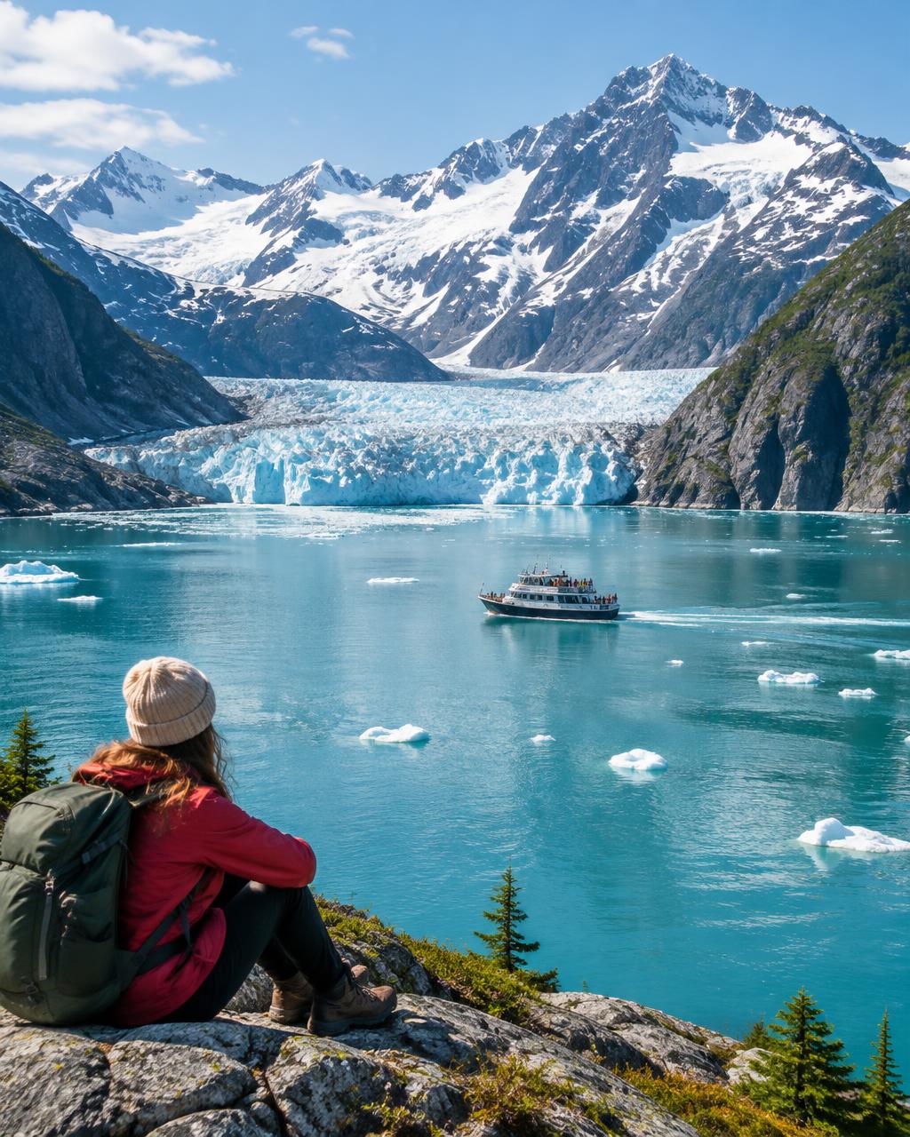 A traveler overlooking a turquoise Alaskan glacial bay and snow-covered mountains