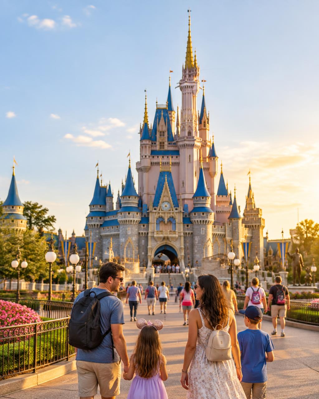 A family walking toward Cinderella Castle at Walt Disney World in golden evening light