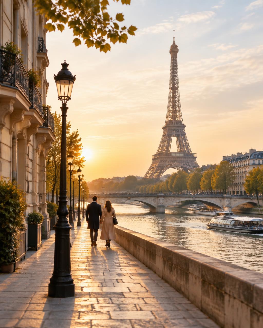 A couple walking beside the Seine toward the Eiffel Tower at sunrise